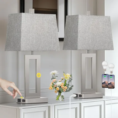 Miniatura 9 de Cinkeda Juego de 2 lámparas de mesa con puertos USB C+A y salida de CA, lámparas de noche, lámparas modernas para dormitorio, lámparas negras