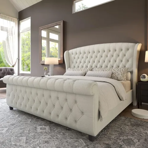 Miniatura 12 de AMERLIFE - Marco de cama tamaño King con plataforma, cama de estilo trineador tapizada en terciopelo con cabecero y pie de cama con alas onduladas
