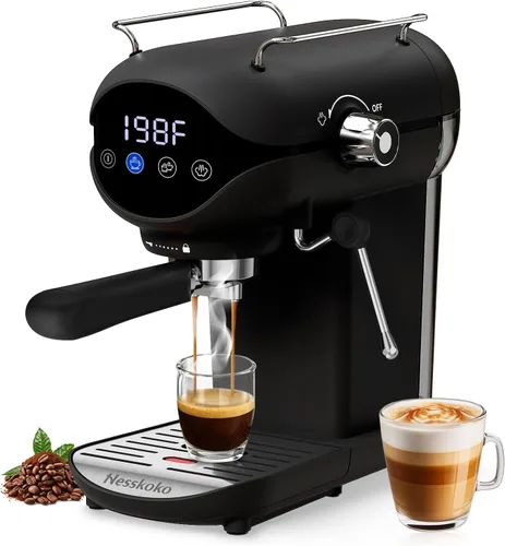 Miniatura 10 de Cafetera Espresso con espumador de leche a vapor semiautomática de 20 bares, diseño compacto en negro con interruptor de palanca para café espresso