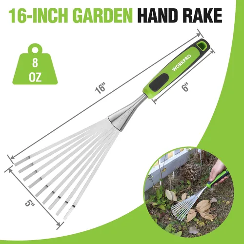 Miniatura 2 de WORKPRO Rastrillo de mano de 16", rastrillo de jardín de acero inoxidable resistente con mango suave, pequeña herramienta de mano de jardín