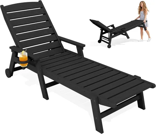 KINGYES Sillón de polietileno de alta densidad para exteriores, tumbona reclinable para patio con portavasos para todo tipo de clima, tumbona para