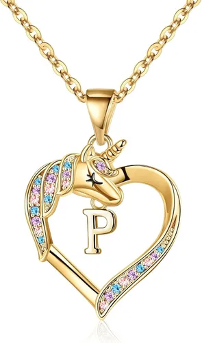 Hidepoo Collar de unicornio para niñas, chapado en oro de 14 quilates, collar de corazón de circonita cúbica colorida, joyería para niñas, collares