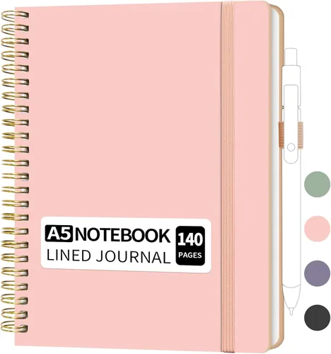 Miniatura 8 de YOXMJDB Cuaderno rayado en espiral, pequeño cuaderno de rayas universitarias A5 con soporte para bolígrafo, cuaderno de tapa dura de 140 páginas