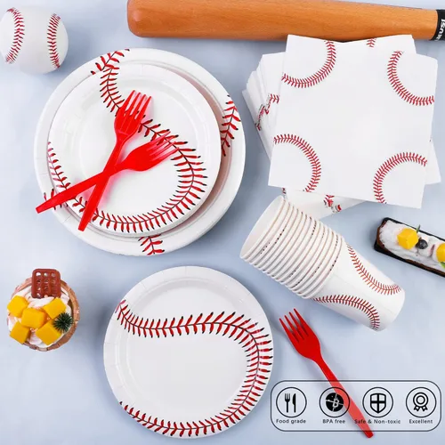Miniatura 4 de Durony 144 piezas de platos y servilletas de papel de béisbol, juego de vajilla de fiesta de cumpleaños de béisbol, suministros de mesa, incluye