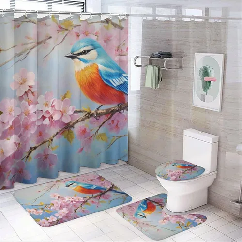 Juego de cortinas de ducha de pájaros con alfombras, cubierta para tapa de inodoro y tapete de baño, coloridas cortinas de ducha con 12 ganchos,