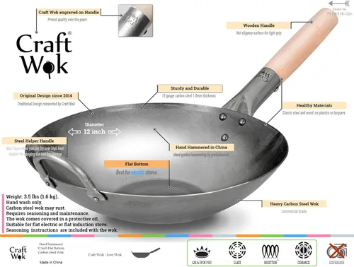Miniatura 2 de Craft Wok Wok plano de acero al carbono martillado a mano con mango auxiliar de madera y acero (12 pulgadas, parte inferior plana) / 731W316-12