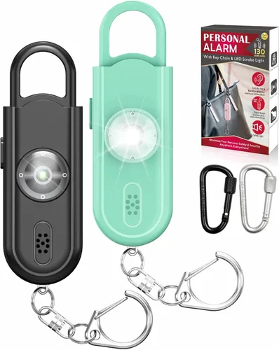 Miniatura 8 de Alarma personal de sonido seguro, paquete de 2 con sirena de 130 dB, alarma de seguridad de emergencia con luz LED estroboscópica, llavero de sirena