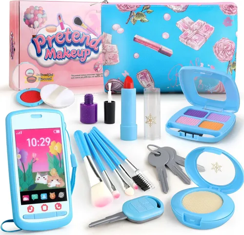 Woumserta Kit de maquillaje de simulación para niños de 3 a 5 años, juego de maquillaje falso azul o beige para niñas pequeñas, regalos de