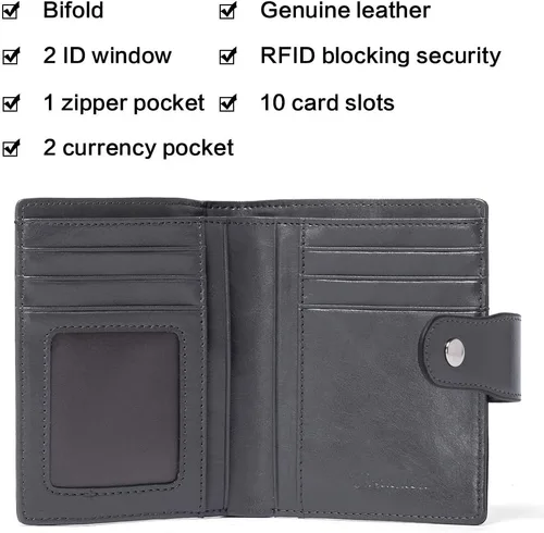 Miniatura 3 de BOSTANTEN - Billetera de cuero para mujer con bloqueo RFID, pequeña, con cremallera, de bolsillo, para tarjetas, con ventana para documento