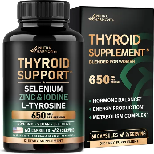 Soporte tiroideo para mujeres, selenio 200 mcg, astrágalo, zinc y yodo, L-tirosina, hierbas adaptógenas, antioxidante y apoyo inmunológico 21 en 1,