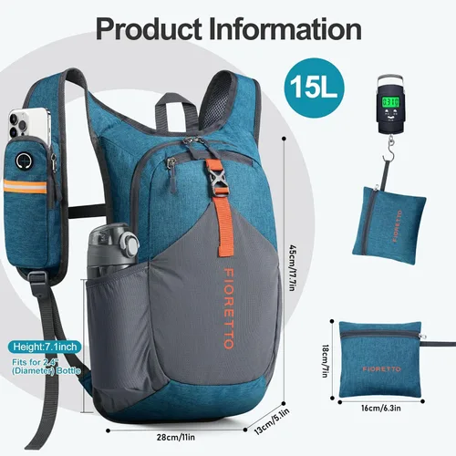 Miniatura 5 de FIORETTO Mochila de senderismo de 15L para mujeres y hombres, mochila mini plegable, mochila ligera pequeña para acampar, viajar al aire libre