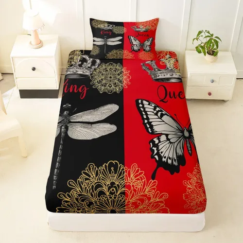 Miniatura 15 de Sábana bajera ajustable King Crown vintage negro y gris, sábanas románticas para el día de San Valentín, tamaño individual para mujeres, regalos