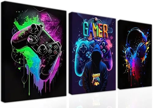 Miniatura 9 de Juego de Arte de Pared para Decoración de Sala de Juegos de 3 Piezas - Decoración de Pared de Control de Videojuegos para Gamers, Póster de Lienzo