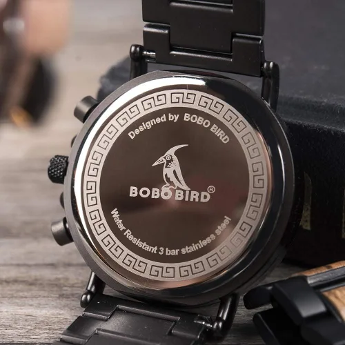 Miniatura 5 de BOBO BIRD Reloj de acero inoxidable de madera para hombre, cronógrafo, relojes de cuarzo