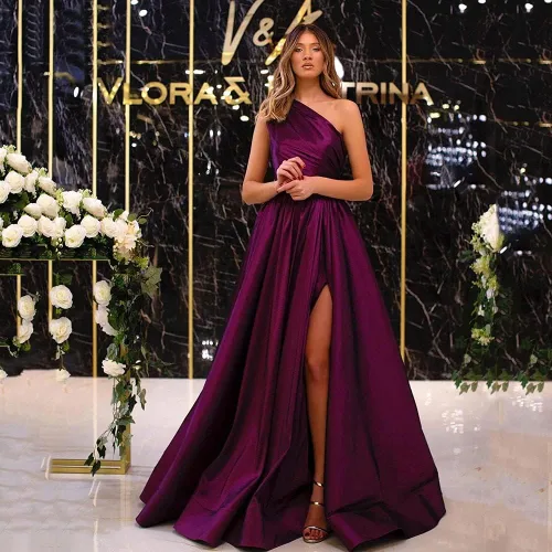 Miniatura 6 de XYAYE Vestidos de fiesta de satén de un hombro con abertura vestidos de noche formales largos con bolsillos para fiesta de mujer