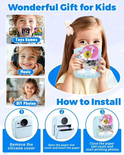 Miniatura 6 de Cámara para Niños Impresión Instantánea, Regalos de Navidad y Cumpleaños para Niños de 3 a 8 Años, Cámara de 48MP y 1080P para Niños con Papel