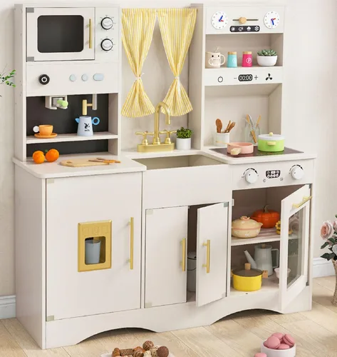 INFANS Juego de Cocina para Niños, Set de Cocina de Juguete con Máquina de Café, Estufa, Fregadero Extraíble, Microondas, Gabinete de