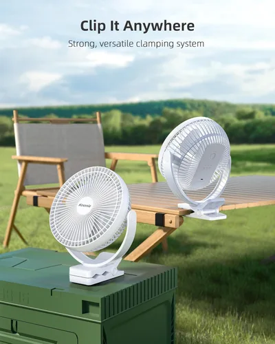 Miniatura 7 de Koonie Ventilador portátil con clip de 8 pulgadas, 10000 mAh, recargable por USB, funciona con batería, 4 velocidades, flujo de aire fuerte, Blanco