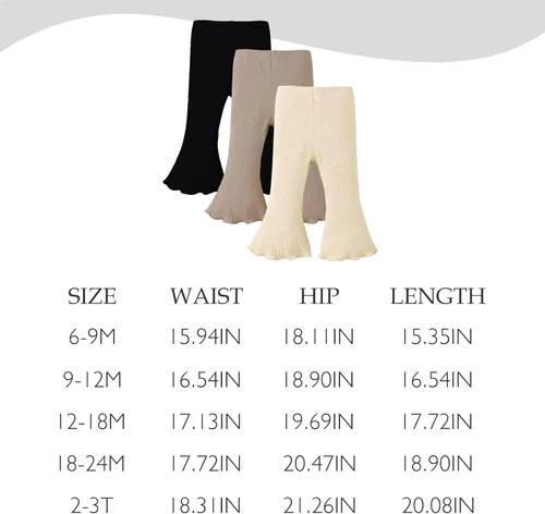Miniatura 6 de SOBOWO Pantalones acampanados para bebé, paquete de 3 unidades para niña pequeña, color liso, acanalado, con volantes, pantalones acampanados