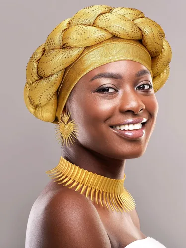 Miniatura 2 de Yinkin Juego de joyas africanas para mujer, para fiestas, doradas, collares, baberos, turbante africano, para fiestas temáticas