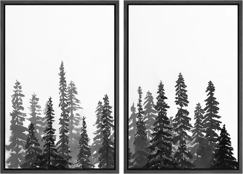 Miniatura 98 de SIGNWIN Lienzo enmarcado para pared, juego de arte con anillos de árbol de bosque grunge en blanco y negro, ilustraciones de naturaleza silvestre