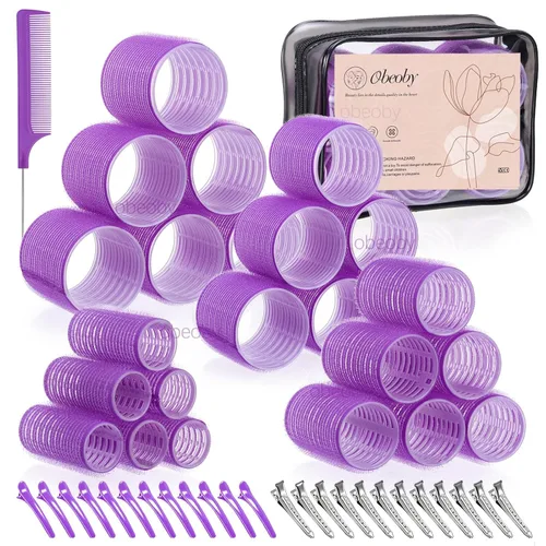 Miniatura 10 de obeoby - Juego de rodillos de autoagarre de 4 tamaños para cabello largo, corto y flequillo - 50 piezas con pinzas