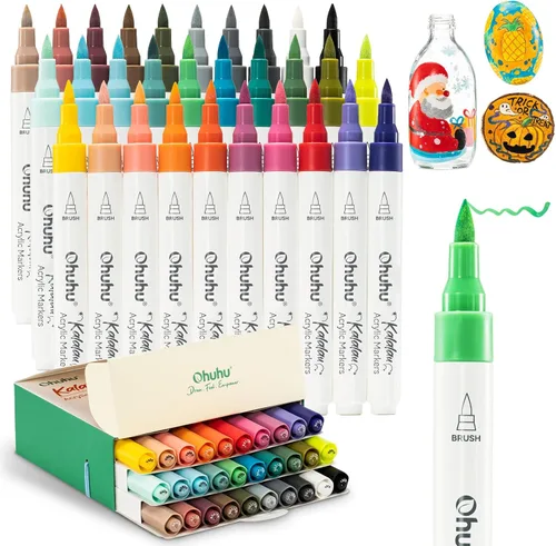 Ohuhu Plumones de pintura acrílica con punta de pincel: 30 colores de marcadores de pintura acrílicos impermeables de alta opacidad para pintar