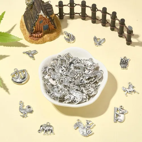 Miniatura 4 de Ipotkit - Dijes de animales tibetanos – 100 piezas de aleación de ardilla, perezoso, caballo, pájaro, elefante, koala, pavo real, animales salvajes