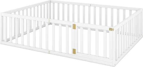Miniatura 8 de Cama de plataforma tamaño Queen con valla, marco de cama de piso de madera maciza con puerta, marco de sofá cama tamaño Queen, color blanco