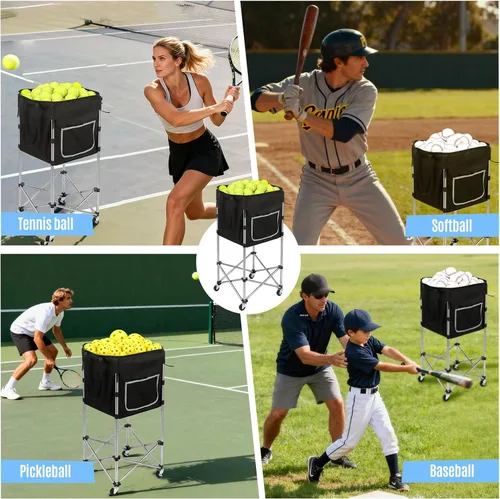 Miniatura 5 de Carrito de pelota de tenis con ruedas y freno (capacidad 180) - Marco de acero inoxidable resistente con bolsa lavable desmontable - Tolva de viaje