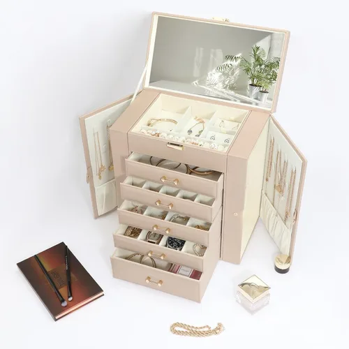 Miniatura 5 de Caja de almacenamiento de joyas, organizador de joyas con 22 ganchos para collares, caja de joyería grande para anillos, pulseras, collares, aretes
