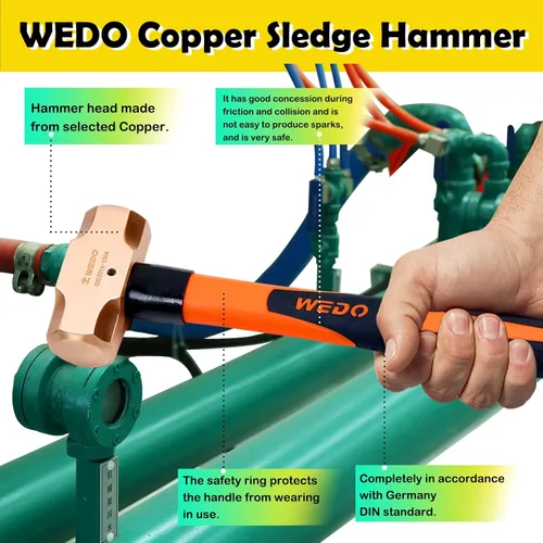 Miniatura 5 de WEDO Juego de martillo de trineo de cobre de 3 piezas, 3 lb+4 lb+5 libras, mango de fibra de vidrio, forja, resistente a la corrosión, estándar DIN