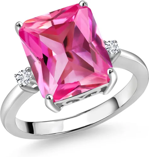 Miniatura 27 de Gem Stone King 5-7 Cttw Gemstone Birthstone and White Lab Grown Diamond 3-Stone Engagement Ring 925 Sterling Silver Center Emerald Cut 12X10MM