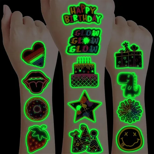 96 tatuajes temporales luminosos de neón que brillan en la oscuridad, 8 hojas de calcomanías lindas para niños, recuerdos de fiesta de cumpleaños,