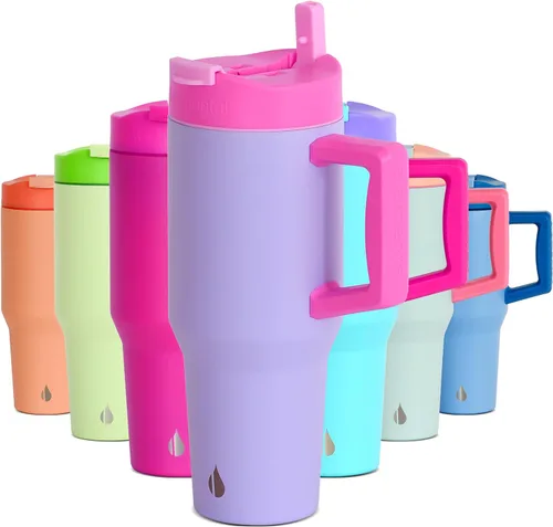 Miniatura 11 de Elemental Vaso de 40 onzas con asa y popote - A prueba de derrames, aislado de acero inoxidable para uso diario - Taza de café de viaje con 2