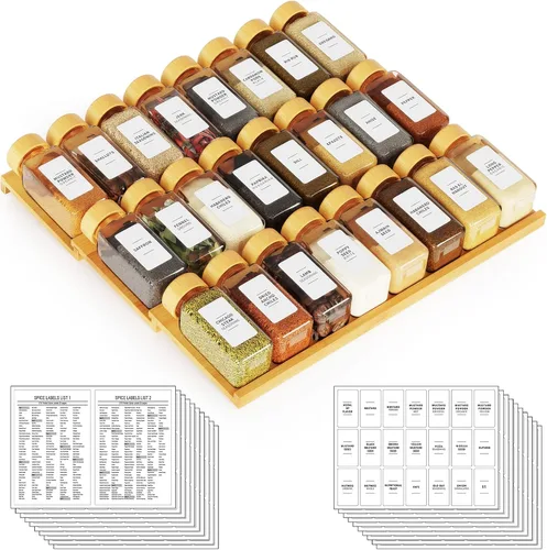 SpaceAid Organizador de cajón de especias de bambú con 24 frascos de especias, 378 etiquetas de especias blancas minimalistas, inserto de bandeja de