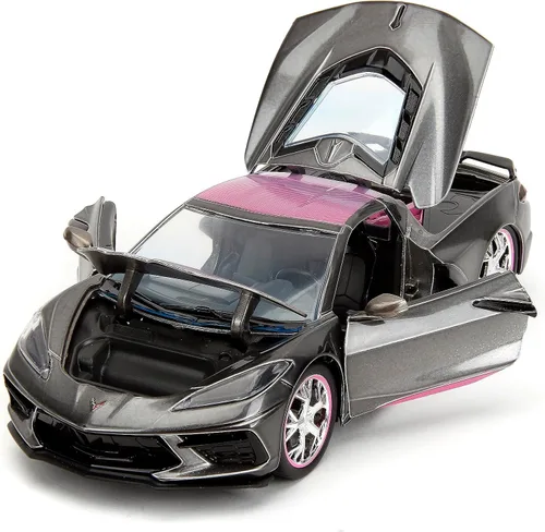 Miniatura 5 de Jada Pink Slips 1:24 W2 2020 Chevy Corvette Stingray - Auto fundido a presión con base, juguetes para niños y adultos (gris metálico/rosa)