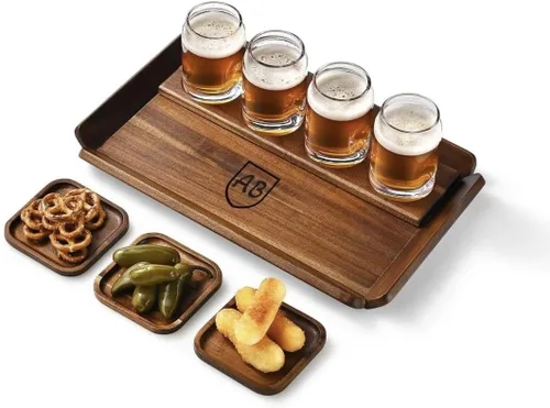 Miniatura 11 de Juego de bandejas de vuelo de tequila de madera rústica, tabla de degustación con 4 vasos de chupito y posavasos, muestra de cóctel para fiestas