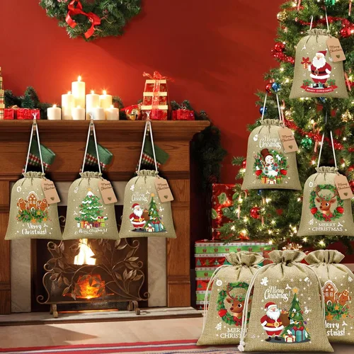 Miniatura 8 de FLOE 24 Bolsas de Regalo de Arpillera Navideñas con Cordón, Bolsas de Lino Navideñas de 6x8 pulgadas con Etiqueta, Bolsa de Regalo Pequeña de Yute