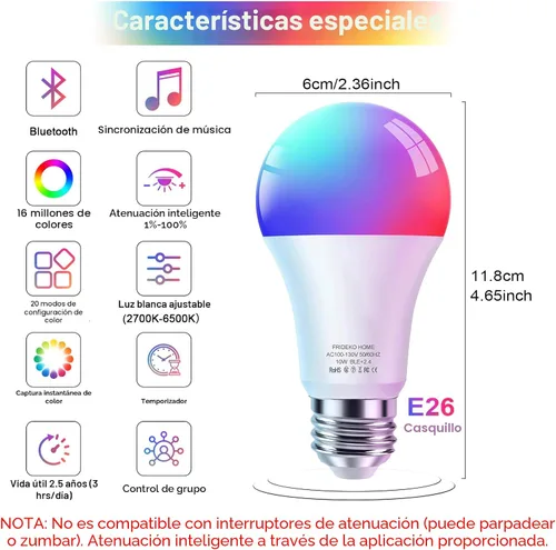 Miniatura 2 de FRIDEKO HOME Bombillas inteligentes – Bombilla LED regulable que cambia de color para el hogar, funciona con sincronización de música Bluetooth