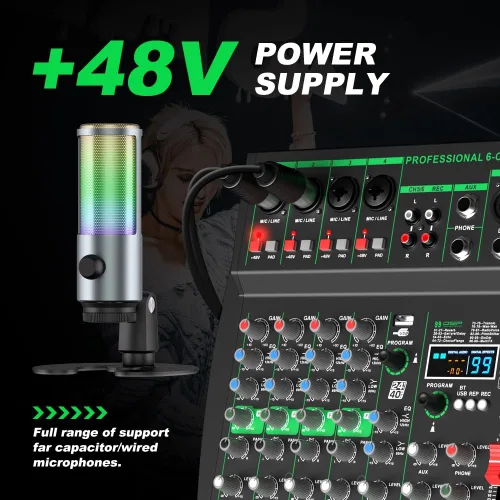 Miniatura 8 de MW-6 negro Mezclador de audio profesional DJ de 6 canales Controlador portátil con DSP 99 efectos preestablecidos para transmisión en vivo