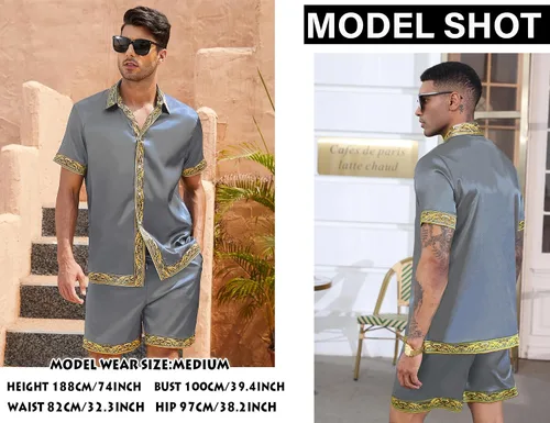 Miniatura 2 de OYOZONE Conjunto de camisa hawaiana y pantalón corto para hombre, conjunto de 2 piezas, estampado de lujo, casual, con botones, manga corta, camisa