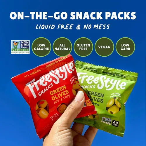 Miniatura 6 de Freestyle Snacks Paquetes de Aperitivos de Aceitunas – Porción Individual – Aceitunas Verdes Frescas Deshuesadas, Tamaño Jumbo, Cultivadas