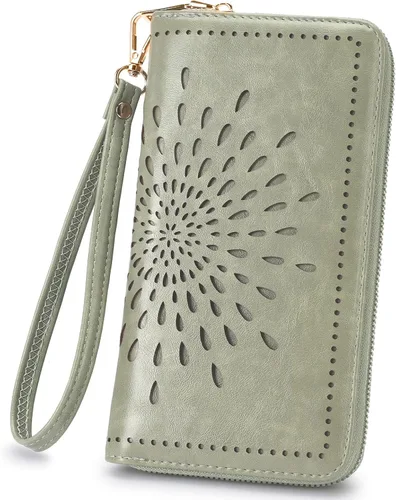 Miniatura 12 de APHISON Billetera para mujer, gran capacidad, monedero, tarjetero, RFID, pulsera, teléfono, cremallera, moneda, bolsillo de viaje azul