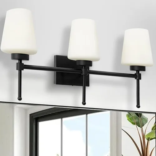 Miniatura 9 de Lámpara de baño de latón cepillado, 3 luces de 24 pulgadas, aplique de pared moderno con pantalla de vidrio para sobre el espejo, clasificación