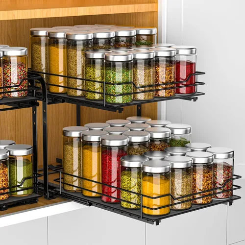 RCHYFEED Organizador de especias para gabinete, 2 niveles extraíbles para armarios interiores y despensa, estante vertical de especias resistente de
