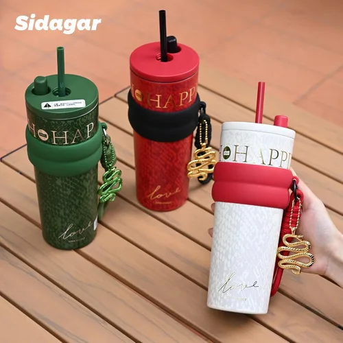 Miniatura 8 de Vaso de 24 onzas con tapa y popote, taza de café aislada a prueba de fugas, botella de agua portátil de viaje helada, taza de café térmica Blanco
