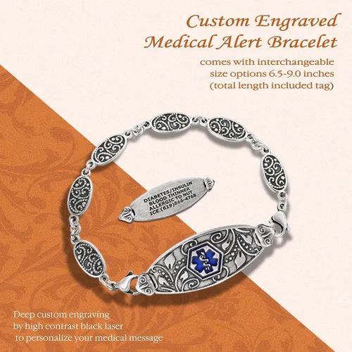 Miniatura 2 de Divoti Custom Engraved Medical Alert Bracelets for Women Stainless Steel Medical Bracelet Medical ID Bracelet wAntique Silver Plating Heritage