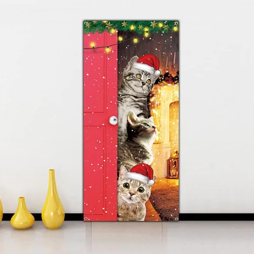 Miniatura 7 de Cubierta de Puerta de Gatos Lindos Feliz Navidad Banner Decoración de Gatos Divertidos para Puerta Delantera Pared Ventana Suministros de Fiesta