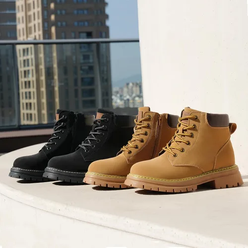 Miniatura 6 de JABASIC Botines de cuero para mujer, tacón bajo, con cordones, botas de combate, botas de trabajo de moda para exteriores